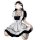 A woman wearing a black and white maid dress, featuring ruffled details and cat ears, perfect for cute lolita cosplay or plus...