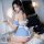 Sexy blue maid costume set for women, featuring short skirt and busty illusion design