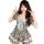 A charming woman poses with peace signs, wearing a vintage-inspired british collegiate checkered dress. the dress features a ...