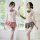 Two models wear sheer british-style jk uniforms with pleated skirts, lace teddies, and bows in pink and plaid.
