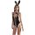 Woman wearing black bunny girl lingerie bodysuit with white lace trim, bow ties, and bunny ears—sexy open-crotch costume for ...