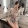 Woman wearing butterfly print sheer deep v kimono robe set, sensual lingerie sleepwear with floral pattern, posing in bathroo...