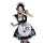A person wearing a black and white maid costume with cat paw prints on the apron, perfect for cosplay events.