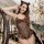 Woman wearing hot cat-themed sexy lingerie bodysuit with leopard print, black fishnet mesh, and bow detail.