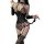 Woman wearing sexy leopard print catwoman bodysuit costume with lace details, choker, and thigh-high stockings for role play.