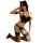 Sexy black catwoman lingerie set with feathered top, open-crotch design, and lace thigh-highs for seductive adult play.