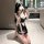 Sexy maid costume set featuring black and white design with lace details, perfect for adult entertainment needs.