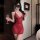 Sexy red v-neck backless lace slip dress with pearlescent chain detail, slim fit design, perfect for evening elegance.