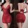 Sexy red chanhuo new year v-neck backless slip dress with lace detailing and pearl chain accents, slim fit design.
