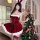 Sexy petite woman wearing chao mu christmas lingerie set, featuring red velvet dress with white trim, bunny ears, and festive...