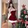 Sexy petite christmas lingerie set featuring a red corset bra with lace-up detail, white trim, and matching thong outfit, per...