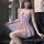 Woman wearing lavender chao mu lace lingerie set, a sheer mesh sleep dress with floral details and small bust friendly design...
