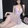 Woman in purple chao mu lace lingerie set with sheer mesh sleep dress, featuring delicate floral details and a flattering fit...