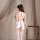 Woman wearing white chao mu lace maid costume set with sheer details, bow accents, and thigh-high stockings for romantic role...