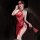 Woman in red lace cheongsam-style lingerie with high slit, holding fan, wearing eye mask – chao mu temptation lingerie.