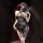 Woman in black lace split cheongsam lingerie with red rose hair accessory and fan, elegant and alluring design.