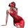 Woman in red lace cheongsam-style lingerie with fan and blindfold.