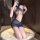 Woman kneeling in chao mu sexy lace halter bodycon dress with sheer mesh and lace trim, seductive secretary-style mini skirt.