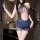 Woman wearing chao mu sexy lace halter bodycon dress - seductive sheer mesh secretary style mini skirt for women in a bathroo...