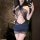 Woman in chao mu sexy lace halter bodycon dress with sheer mesh secretary-style mini skirt, posing in bathroom mirror selfie.