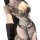 Woman modeling chao mu sexy lingerie bodysuit with embroidered sheer fabric, open cups and crotch, paired with gloves.