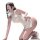 Woman in chao mu sexy secretary costume set with bodycon mini skirt, blindfold, and gag, posing playfully on white background...