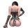 Woman wearing black lace chaomu embroidered lingerie set with strappy back and long gloves, elegant and sensual design.