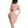 Woman wearing pink floral chaomu rose temptation lingerie set with sheer bustier and form-fitting skirt, back view.