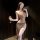 Woman in chaomu seductive lingerie set with lace bra, panty, and thigh-highs, holding wine glass, wearing eye mask.