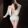 Woman wearing chaomu sensual lingerie dress - one-shoulder backless cutout bodycon mini dress in light gray, showcasing elega...