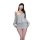 Woman wearing silver chaomu one-shoulder backless cutout bodycon mini dress with lace eye mask, sensual lingerie style.