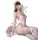 Woman in pink chaomu sensual lingerie set, elegant bodysuit with lace, pearls, and floral accents.