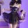 Woman wearing black chaomu sensual lingerie set with bow and lace, sheer skirt flowing, purple lighting, inset shows white ve...