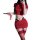 Woman in red secretary-style lingerie set with crop top, mini skirt, and thigh-high stockings holding a whip.