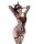 Woman wearing chaomuqing black mesh lingerie set with red accents and sheer design, posing seductively.