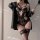 Sexy black cherry blossom lingerie dress featuring backless design, halter neck, and waist-cinching detail for elegant allure...