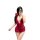 Woman wearing red cherry blossom lingerie set with sheer mesh, halter neck, and backless design, posing in mirror selfie.