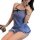 Woman wearing blue cherry blossom lingerie set with sheer side-slit cheongsam style dress, vintage-inspired and seductive.