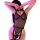 Woman wearing cherry love sheer mesh backless high-waist bodysuit with lace trim and garter straps, posing with hands behind ...