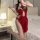 Cherry romance lingerie set featuring a red cheongsam-style costume with high slits, perfect for evening wear or themed event...