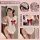Woman modeling white lace cherry romance lingerie dress maid costume with red bow, headband, and garters.