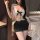 Woman wearing cherry romance lingerie set, a pure and seductive ol secretary costume with lace sleepwear, featuring a removab...