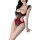 Woman wearing red and black cherry romance lingerie set with sheer panels, perfect for date night outfits.
