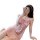 Woman in pink leopard print cherry romance lingerie set, taking a mirror selfie.