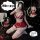 Woman modeling red cherry romance lingerie set with lace bra, open-crotch skirt, and thigh-highs in maid-style costume.