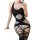 Woman wearing a black cherry romance sheer open-crotch bodysuit with fishnet stockings, featuring cut-out details and a halte...