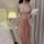 Woman wearing pink sheer chiffon doudou bralette and matching pants, vintage chinese-style lingerie set with floral embroider...