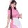 A woman wearing a pink chinese-inspired maid costume, featuring a qipao top with floral patterns and an open-crotch design, p...