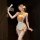 A woman poses elegantly in a chinese-inspired lingerie set featuring pearl embellishments, maid-style apron, and sheer stocki...