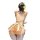 Back view of a woman wearing a peach-colored chinese-inspired lingerie set, featuring pearl embellishments and a maid-style d...
